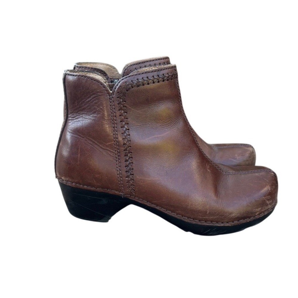 Dansko Brown Leather Ankle Boots Whipstitch Zip Block Heel‎ 9816450200 Size 37